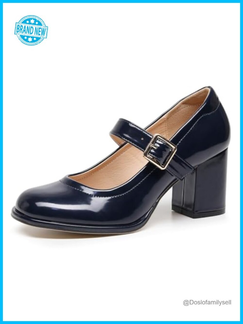 Mary Jane Pump Heeled Shoe with Adjustable Buckle Strap and Chunky Heel